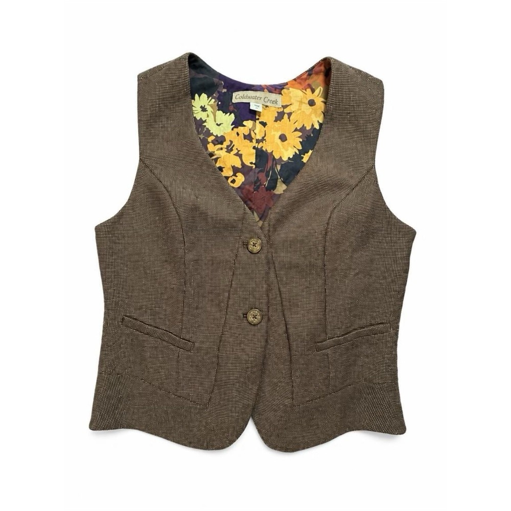 Coldwater Creek Brown Button Front Floral Lined Vest Sz 8 Western Boho Academia